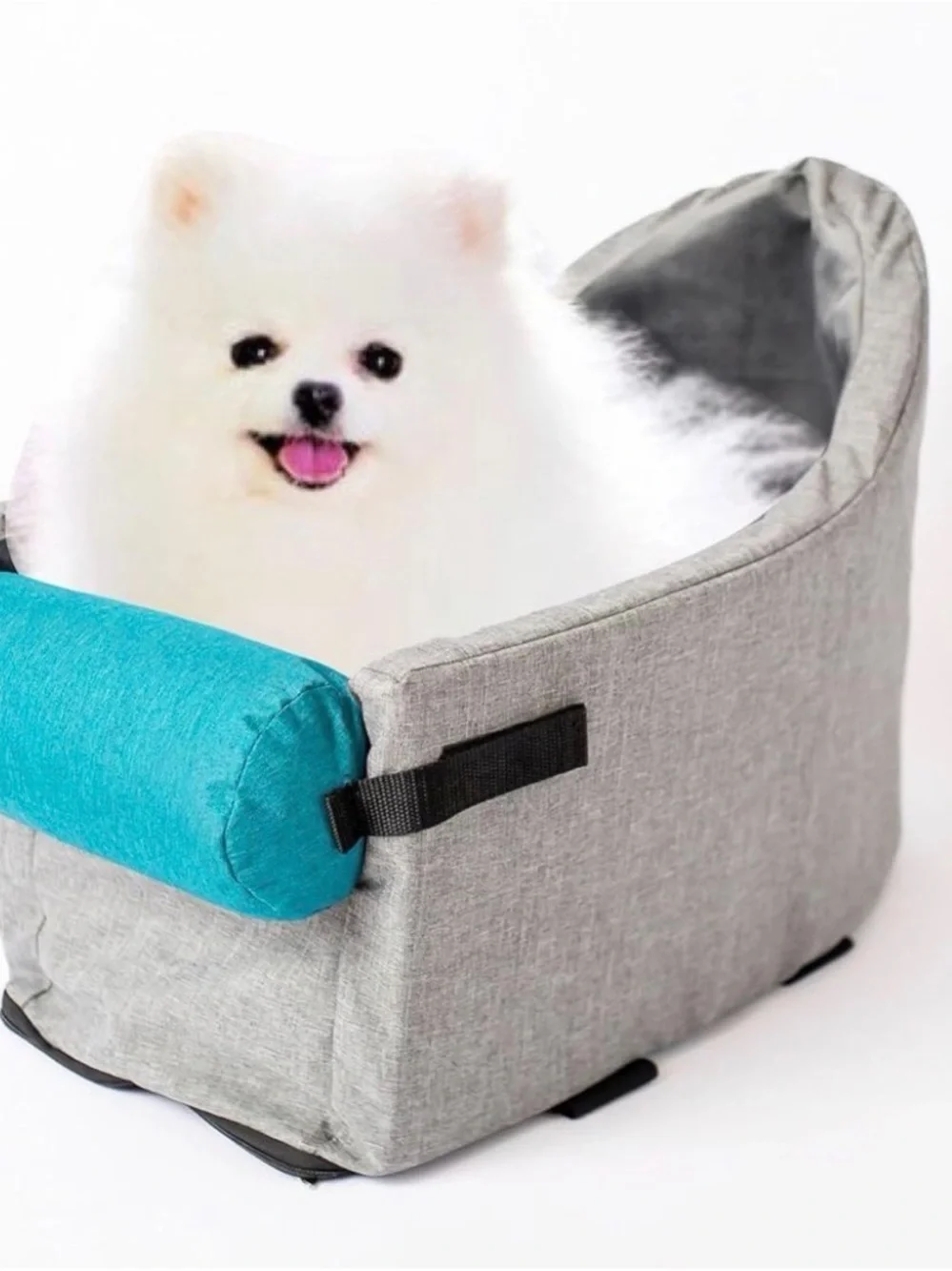 Gray Pet Car Booster Seat with Teal Pillow